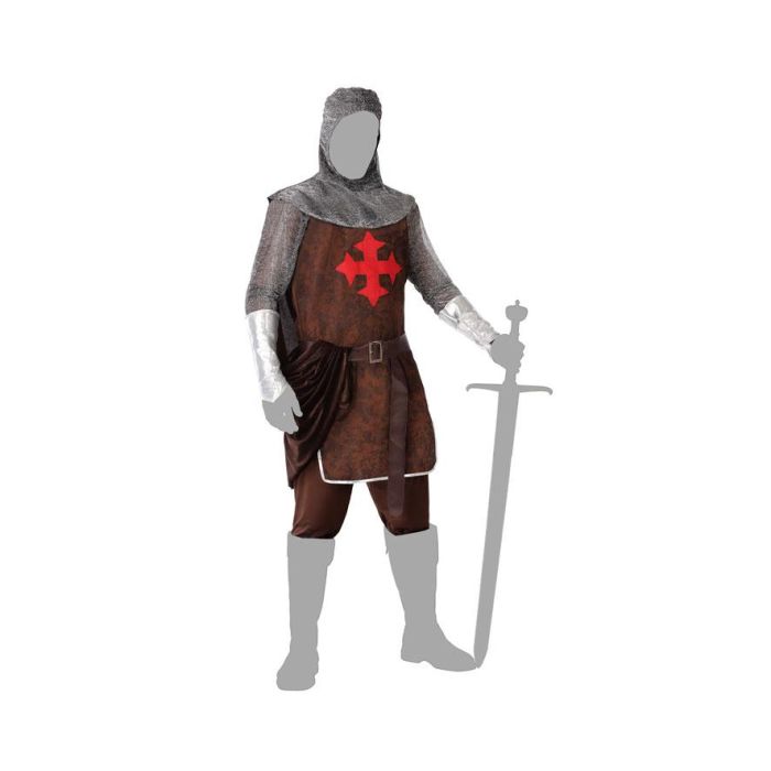Costume Croisé Médiéval Chevalier Adulte Homme Marron, Inclut Capuche en Mailles, Cape et Ceinture, Taille XS-S