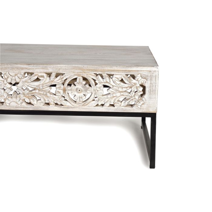 GINER Y COLOMER Table Basse en Bois de Manguier avec Pieds en Métal, Style Vintage - Blanc Lavé et Noir, Dimensions 40 x 1120 x 60 cm 2 GINER Y COLOMER Table Basse en Bois de Manguier avec Pieds en Métal, Style Vintage - Blanc Lavé et Noir, Dimensions 40 x 1120 x 60 cm 2