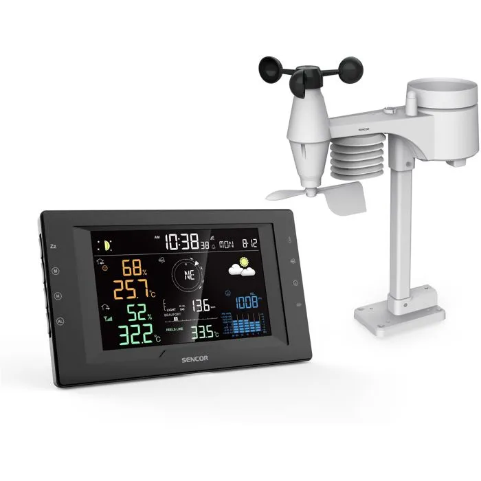 Sencor SWS 9400 - Station météo professionnelle sans fil avec capteur 5 en 1, écran LCD couleur 5.7", prévisions 12-24h, suivi pluie/pression, mesures intérieur/extérieur, alertes