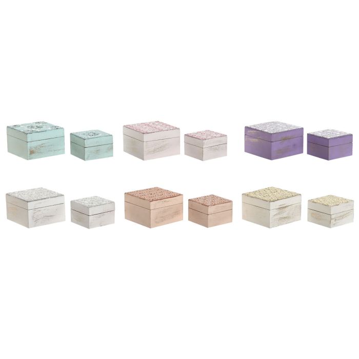 Boîte à bijoux Home ESPRIT Multicouleur Rose Lila Bois de manguier 10 X 10 X 6,6 cm (2 Pièces) (6 Unités)
