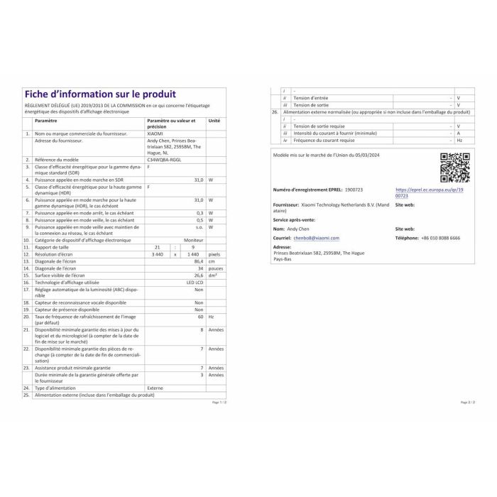 Écran Xiaomi G34WQi Wide Quad HD 34" 15 Écran Xiaomi G34WQi Wide Quad HD 34" 15