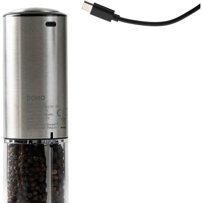DOMO Moulin à Poivre et Sel Électriques USB avec LED et Réglage de Mouture, Ensemble de 2 (96 ml) - Transparent et Argenté DOMO Moulin à Poivre et Sel Électriques USB avec LED et Réglage de Mouture, Ensemble de 2 (96 ml) - Transparent et Argenté