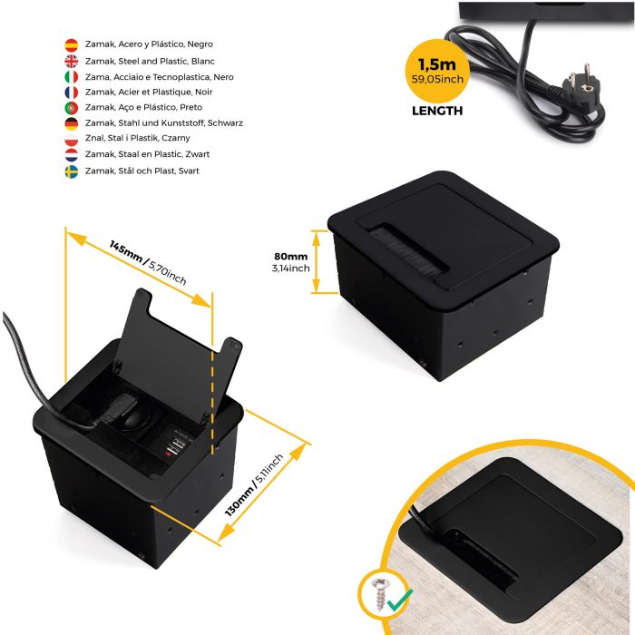 Emuca Multiconnecteur Atom 14 pour bureau, EU, Peint en noir, Acier et Plastique et Aluminium. 3 Emuca Multiconnecteur Atom 14 pour bureau, EU, Peint en noir, Acier et Plastique et Aluminium. 3