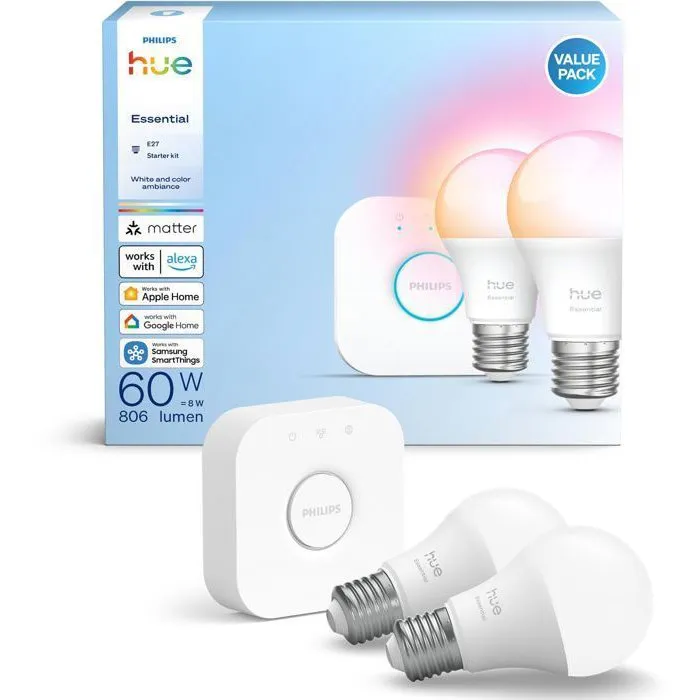 Philips Hue Essential - Kit de démarrage éclairage intelligent - 1 Bridge + 2 Ampoules A60 connectées - Blanc réglable et couleurs - Contrôle vocal et application