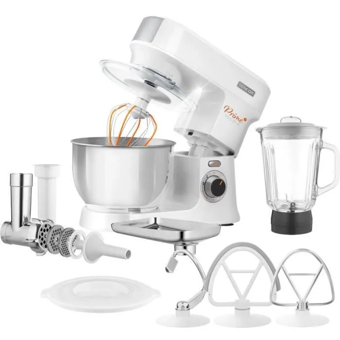 Robot pâtissier Sencor STM 3760WH, 1000 W, bol inox 4.5 L, 6 vitesses, fonction pulse et accessoires avancés