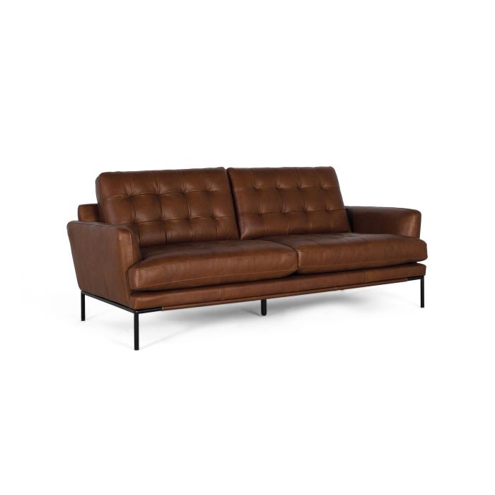 Giner y Colomer - Canapé 3 places en cuir véritable, style vintage avec capitonnage et pieds en métal bronze - Marron (L200 x P90 x H83 cm) 1