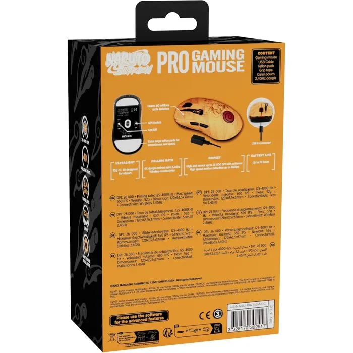 Konix Souris Gaming Naruto Shippuden Édition Pro Collector Numérotée, Sans Fil 2.4 GHz et USB-C, 26000 DPI, 52 g, Ultralégère, avec Grips