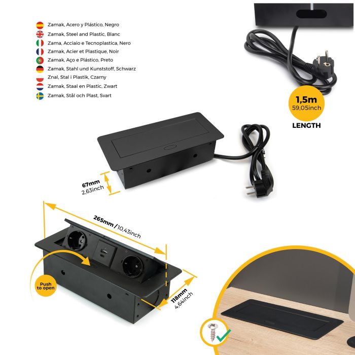 Emuca Multiconnecteur Atom 26 Lite pour bureau, 225x111mm, Peint en noir, Zamak et Acier et Plastique. 3