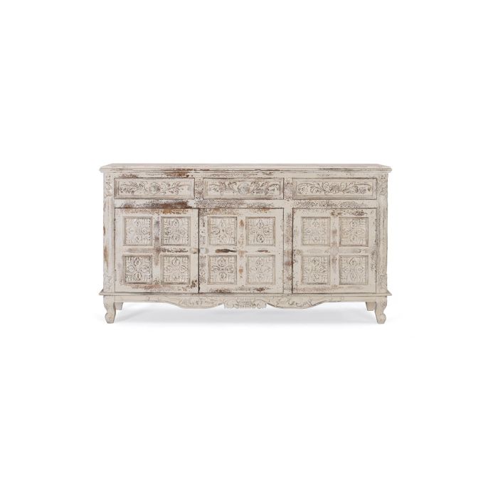 GINER Y COLOMER - Buffet en bois de manguier massif, finition blanc craquelé vieilli, 3 portes sculptées à la main, 175x95x44 cm 0 GINER Y COLOMER - Buffet en bois de manguier massif, finition blanc craquelé vieilli, 3 portes sculptées à la main, 175x95x44 cm 0