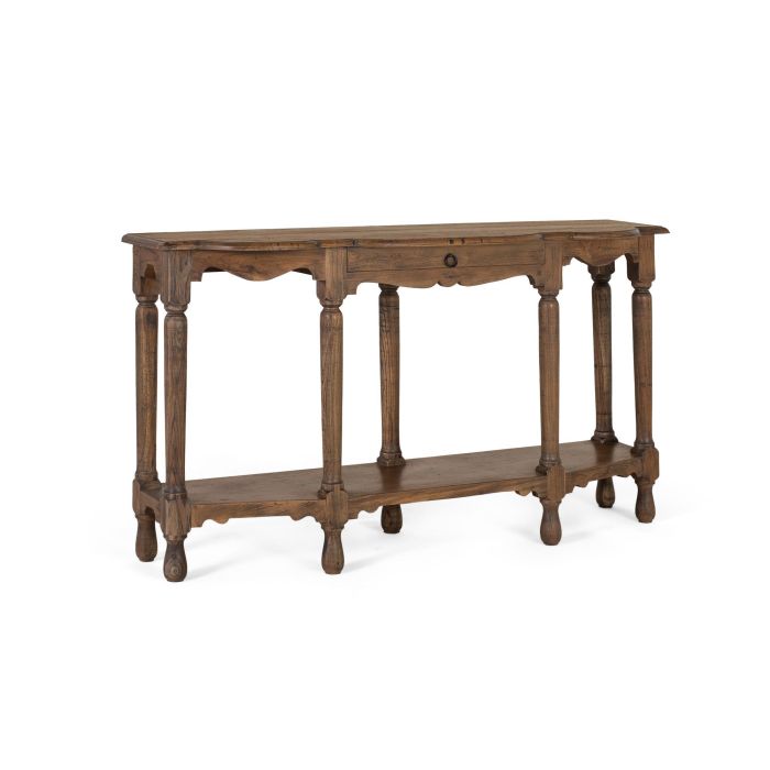 GINER Y COLOMER Console d'Entrée en Bois de Teck Recyclé Sculpté à la Main, Finition Vieillie Noisette avec 7 Pilastres Tournées, Tiroir et Étagère Basse 1