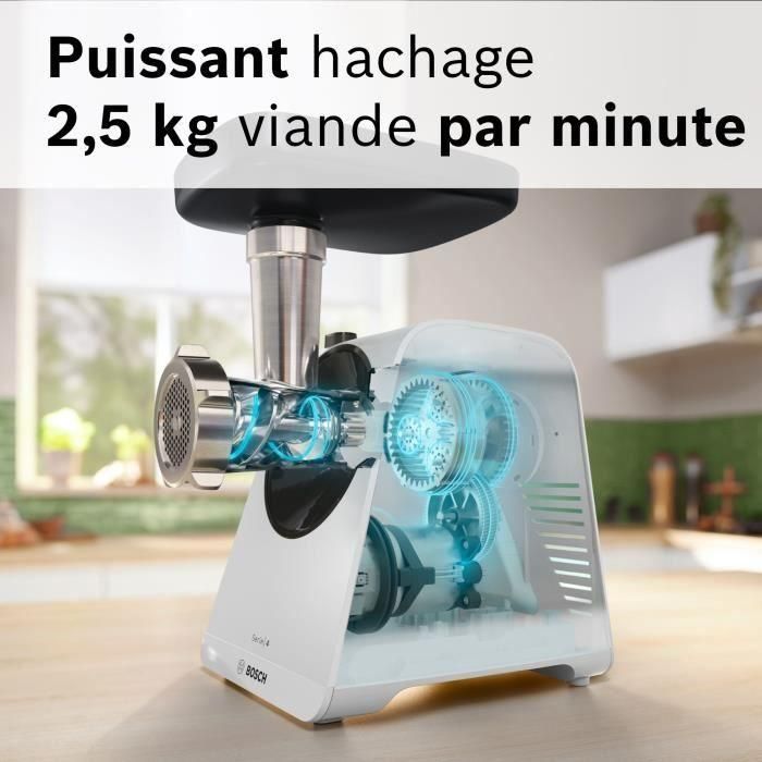 Hachoir a viande - BOSCH - MFWS420W Série 4 - Blanc - 500 W - moteur bloqué 1900 W - 2,5 kg/mn - 2 vitesses - 2 grilles de hachoir 2