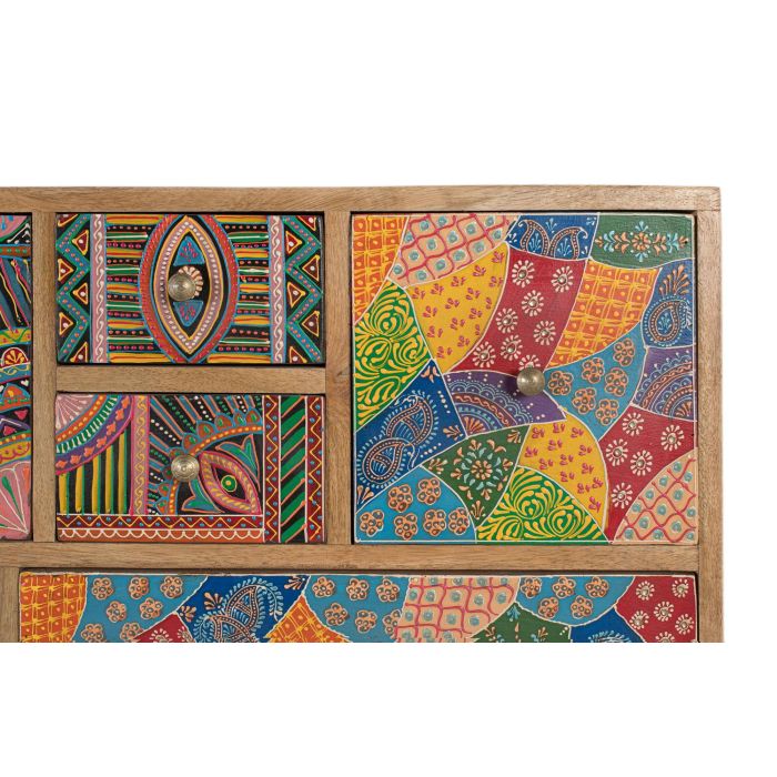 GINER Y COLOMER Commode en bois de manguier avec 14 tiroirs peints à la main, motifs géométriques et floraux, finition naturelle, 120 x 40 x 91 cm 4 GINER Y COLOMER Commode en bois de manguier avec 14 tiroirs peints à la main, motifs géométriques et floraux, finition naturelle, 120 x 40 x 91 cm 4