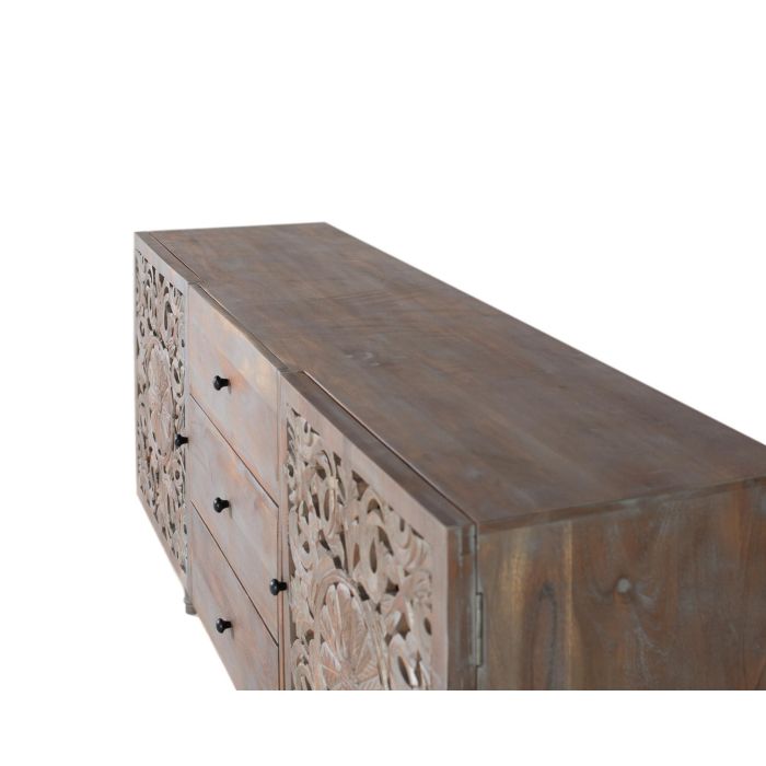 GINER Y COLOMER - Buffet en bois de manguier gris décapé avec deux portes latérales sculptées à la main et trois tiroirs, meuble vintage avec pieds tournés 3 GINER Y COLOMER - Buffet en bois de manguier gris décapé avec deux portes latérales sculptées à la main et trois tiroirs, meuble vintage avec pieds tournés 3