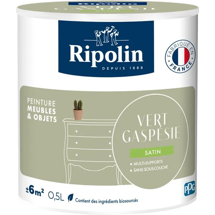 Ripolin Peinture pour Meubles et Objets Vert Gaspésie Satiné 0.5 L - Application sans sous-couche, pour intérieur et extérieur, à base d'ingrédients biosourcés Ripolin Peinture pour Meubles et Objets Vert Gaspésie Satiné 0.5 L - Application sans sous-couche, pour intérieur et extérieur, à base d'ingrédients biosourcés