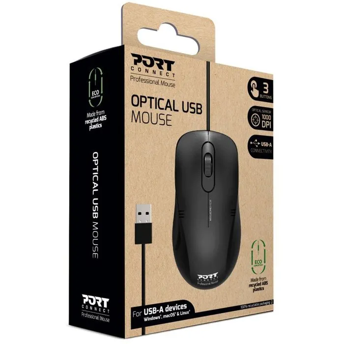 PORT Designs Souris filaire USB-A 1000 DPI Noir - Modèle 900400-PRO - Ergonomique et durable, plus de 30 millions de clics, pour Windows et MacOS PORT Designs Souris filaire USB-A 1000 DPI Noir - Modèle 900400-PRO - Ergonomique et durable, plus de 30 millions de clics, pour Windows et MacOS