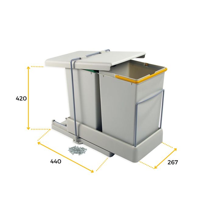 Emuca Poubelle de recyclage pour montage inférieur et extraction automatique dans l'élément de cuisine 2x14litres, Plastique gris 3