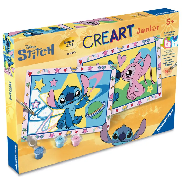 Ravensburger CreArt Junior - Peinture par numéros Stitch - Kit artistique avec 2 tableaux, peintures et pinceau - À partir de 5 ans - Réf. 12023214 Ravensburger CreArt Junior - Peinture par numéros Stitch - Kit artistique avec 2 tableaux, peintures et pinceau - À partir de 5 ans - Réf. 12023214