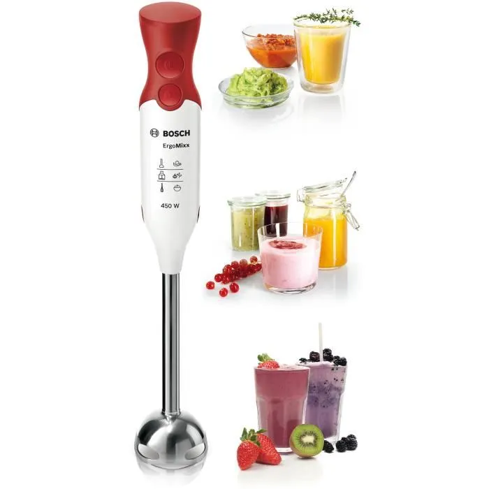 Bosch MSM64110 Mixeur plongeant ErgoMixx - 450W - Pied en inox - 4 lames aiguisées - 2 vitesses - Bol gradué 600 ml - Blanc et rouge Bosch MSM64110 Mixeur plongeant ErgoMixx - 450W - Pied en inox - 4 lames aiguisées - 2 vitesses - Bol gradué 600 ml - Blanc et rouge