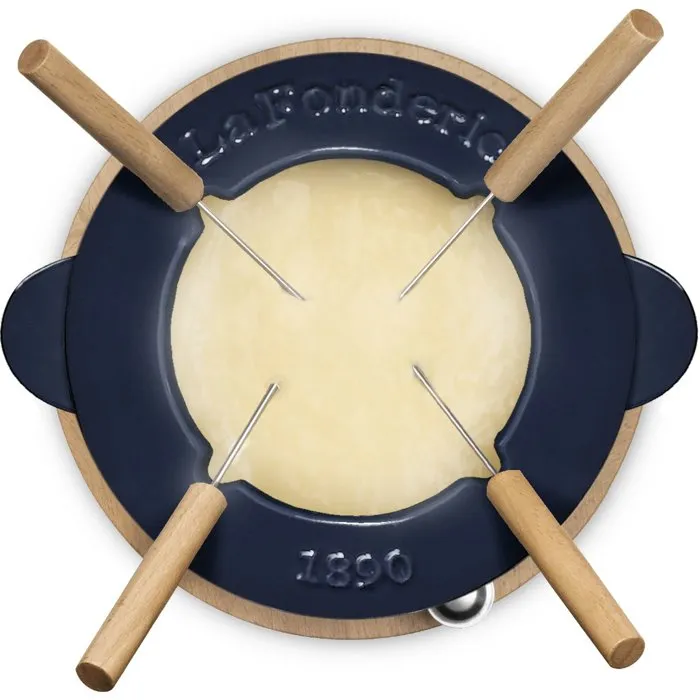 La Fonderie 1890 - Fondue en fonte émaillée Mont d'Arbois, 1.2 L pour 4 personnes, socle bois, compatible lave-vaisselle et tous feux (électrique, induction, gaz, four), bleu