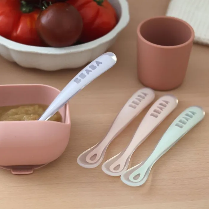 BEABA Set de 4 Cucharas de Silicona para la Primera Edad (Azul Viento + Verde Eucalipto + Niebla Ligera + Rosa Antiguo) 2