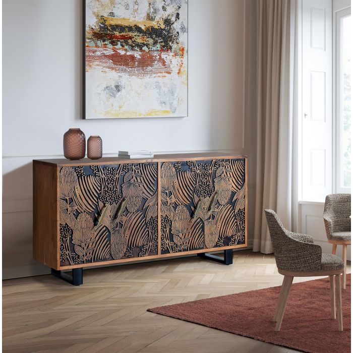 GINER Y COLOMER Buffet en bois d'acacia naturel avec détails noirs et pieds métal - 190 cm 7