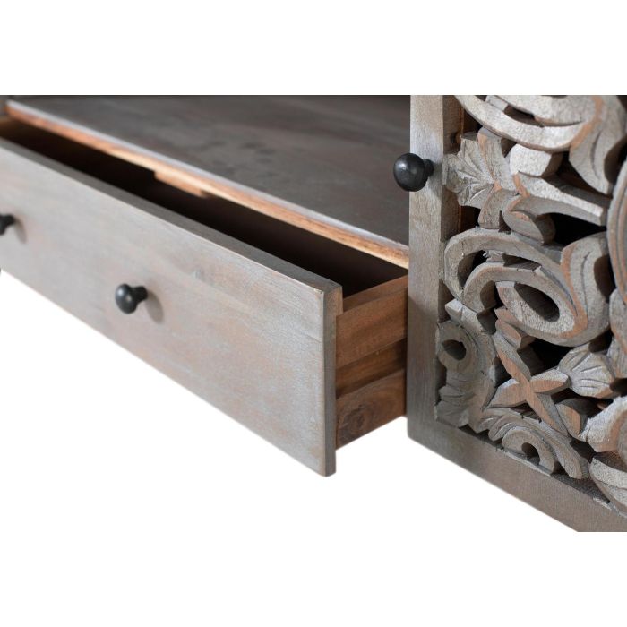 GINER Y COLOMER - Meuble TV en bois de manguier massif gris décapé avec portes sculptées et tiroir - 150 cm de large 3