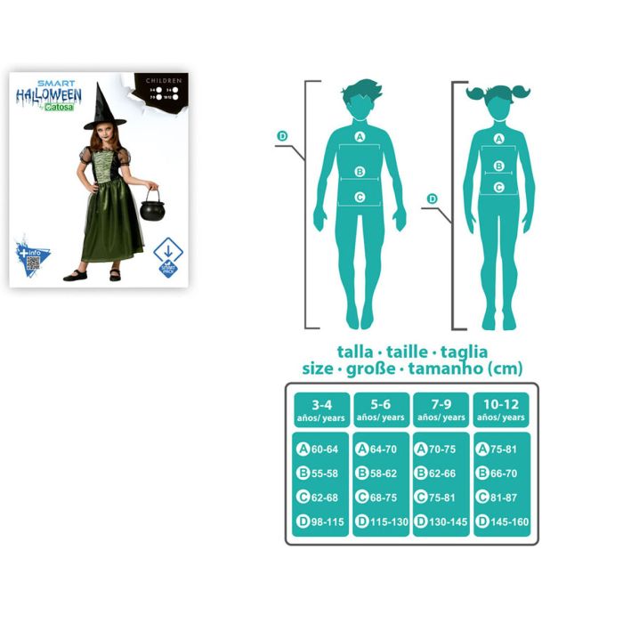 Déguisement de Sorcière, Robe Verte avec Chapeau pour Fille, Taille 7-9 Ans, Enfants, Polyester, Thème Halloween