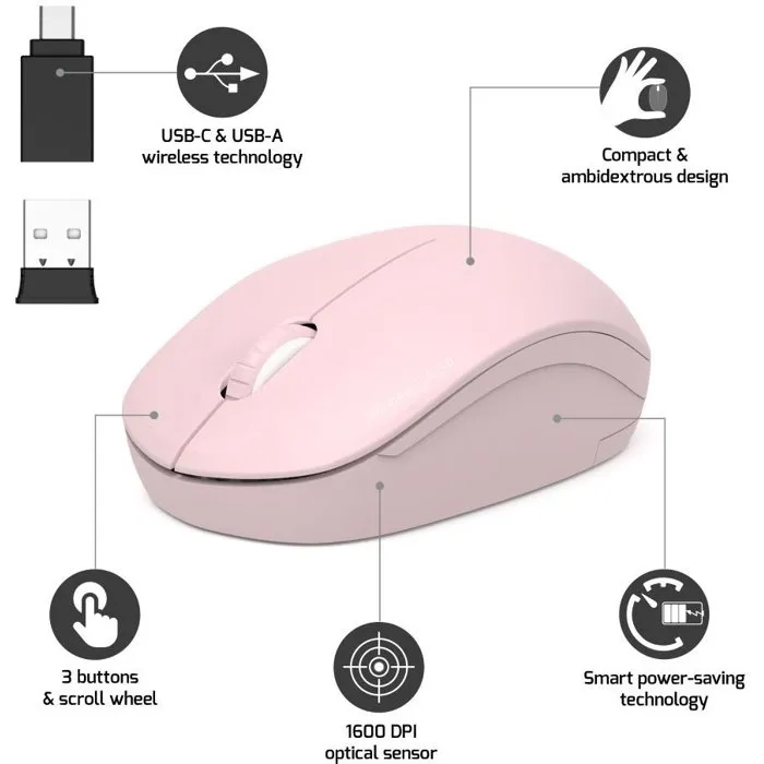 Port Designs Souris Sans Fil Collection II 2.4 GHz Rose - Silencieuse et Compacte - Modèle 900541