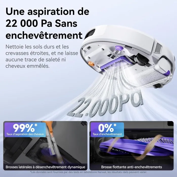 Narwal FLOW - Robot Aspirateur et Laveur Autonome avec Station de Nettoyage - 22000 Pa, Lavage à Eau Chaude 45°C, Réservoir 5L, LIDAR, Brosse Anti-poils - 95 mm