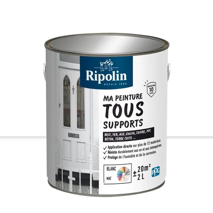 Ripolin - Peinture multi-supports Blanc Mat 2L - Pour bois, métal, béton, PVC - Résiste aux UV et intempéries