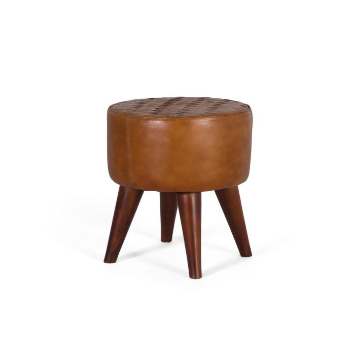 GINER Y COLOMER - Tabouret rond en cuir bovin et bois, design à motifs tressés, couleur camel, 1 bulto 0 GINER Y COLOMER - Tabouret rond en cuir bovin et bois, design à motifs tressés, couleur camel, 1 bulto 0