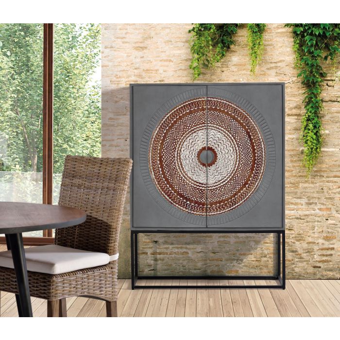 Giner y Colomer Buffet Vitrine en Bois de Mango et Métal 2 Portes avec 3 Étagères - Patins Gris et Marron 142x107x40 cm 3