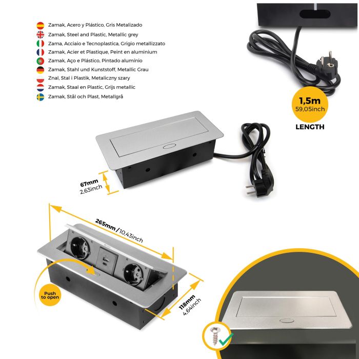 Emuca Multiconnecteur Atom 26 Lite pour bureau, 225x111mm, Peint en aluminium, Zamak et Acier et Plastique. 3