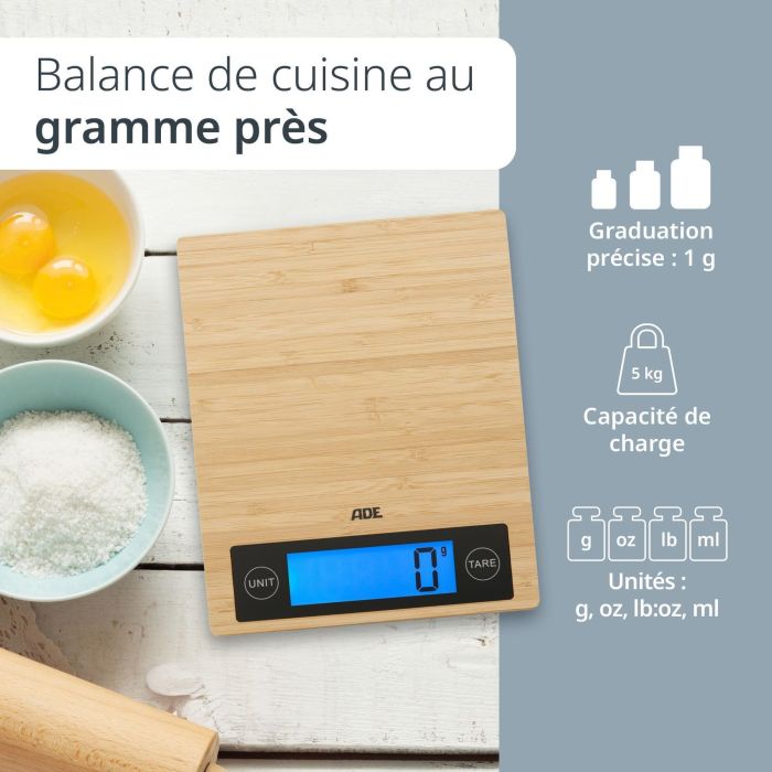 Balance de cuisine digitale - ADE - RAMONA - Bambou - 23 x 18 x 2 cm - Inclus 2 piles Cr2032 1