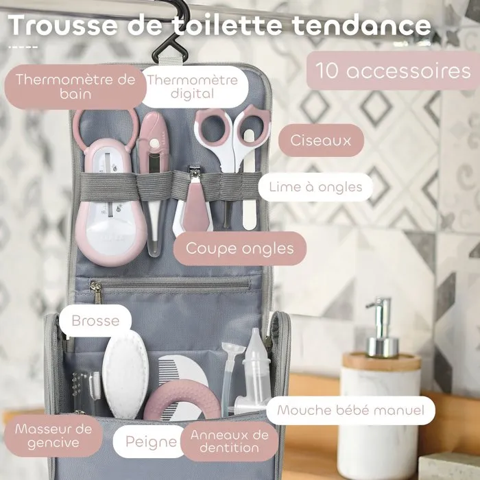 Beaba - Trousse de toilette bébé avec 10 accessoires (thermomètre, ciseaux, peigne, anneau de dentition, mouche-bébé) - Organisation à élastiques et poche zippée - Vieux rose