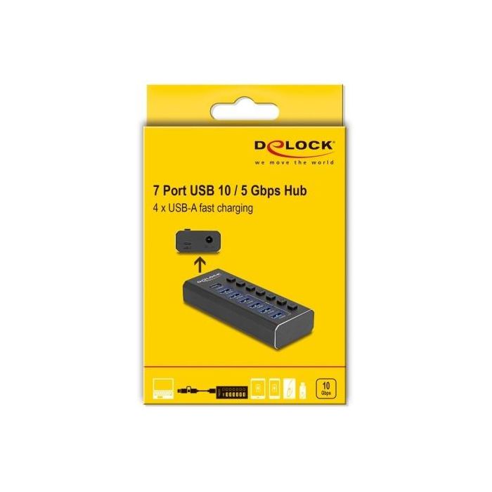 DELOCK 7 Port USB Hub mit 4 Ports 10 Gbps und 4 Schnellladeports 5 Gbps mit Schalter und Beleuchtung 3