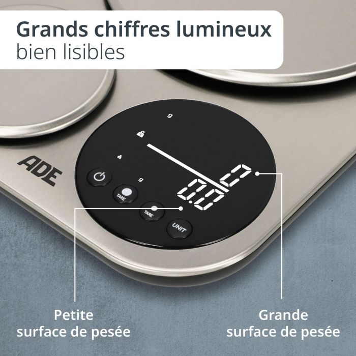 Balance de cuisine duo digitale - ADE - ISABELLA - Acier inoxydable/Plastique - 23x16,5 cm - Inclus 3 piles AAA 3