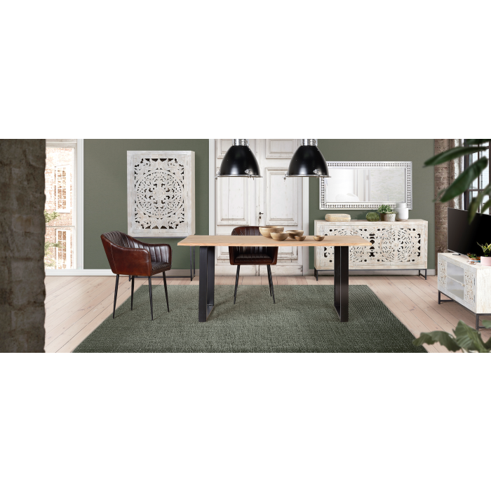 GINER Y COLOMER Meuble TV en bois de manguier massif avec portes et pieds métal, finition blanc vieilli et gris, 130x55x40 cm 7 GINER Y COLOMER Meuble TV en bois de manguier massif avec portes et pieds métal, finition blanc vieilli et gris, 130x55x40 cm 7