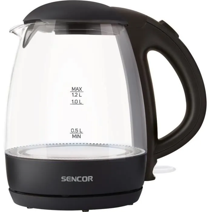 Sencor SWK 2300BK Bouilloire électrique en verre 1,2 L 2200 W avec filtre amovible et base pivotante 360°