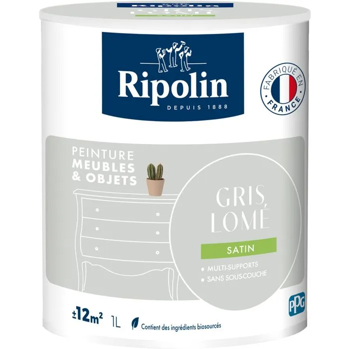 Ripolin - Peinture Meubles & Objets 1L - Satiné - Gris Lomé - Pour Bois, Mélaminé, Métal - Intérieur/Extérieur - 10% Biosourcé Ripolin - Peinture Meubles & Objets 1L - Satiné - Gris Lomé - Pour Bois, Mélaminé, Métal - Intérieur/Extérieur - 10% Biosourcé