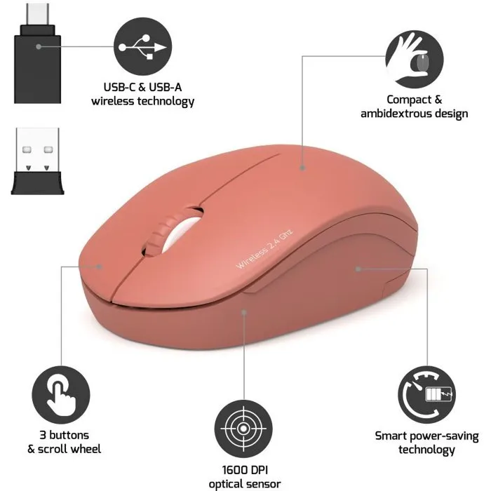 PORT Designs - 900542 - Souris sans fil Collection II, technologie Wireless 2.4 GHz, silencieuse, design compact, couleur Terracotta PORT Designs - 900542 - Souris sans fil Collection II, technologie Wireless 2.4 GHz, silencieuse, design compact, couleur Terracotta