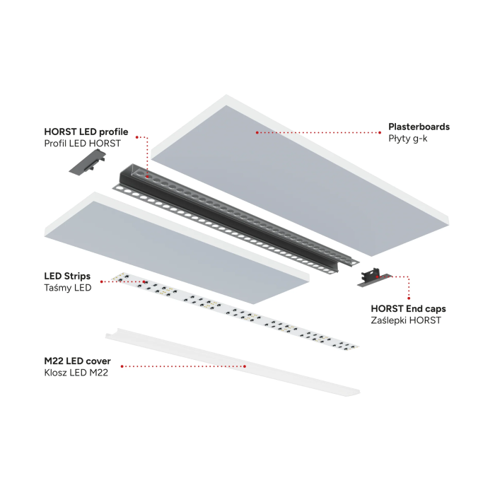 HORST Profilé Aluminium KIMERA Anodisé Argent avec Diffuseur Opal, Tapons et Clips de Fixation 2,02M 1
