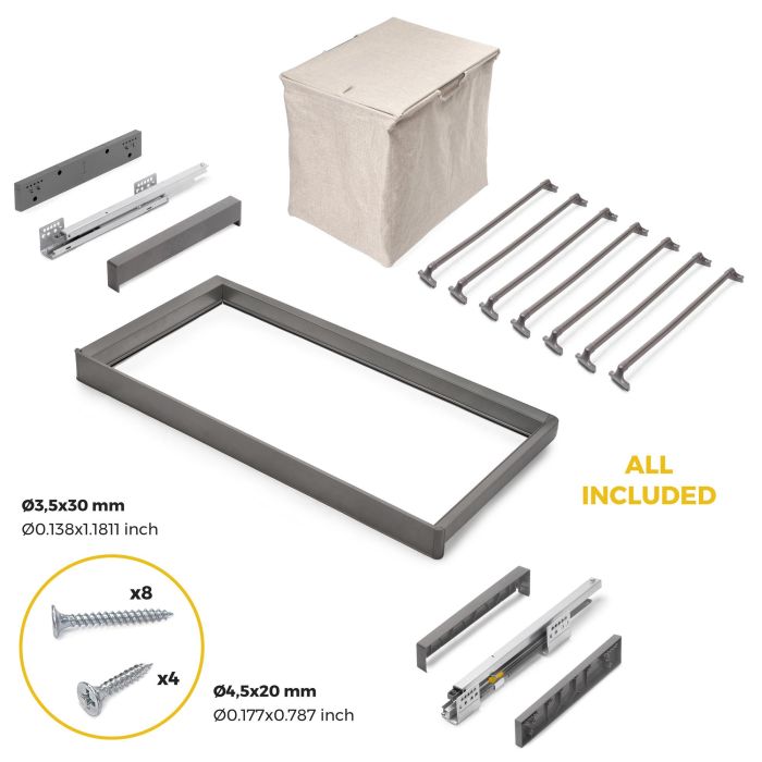 Emuca Kit de porte-pantalon à 7tringles, panier et rack ajustable Quartz pour armoires, glissières extension totale et à fermeture douce, Module 80cm, Finition Titane 5