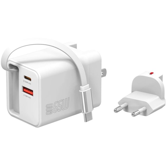 4smarts 541065 Chargeur Secteur GaN 65W, USB-C et USB-A avec Câble Rétractable 0.7m, Charge Rapide PPS et Quick Charge 3.0, Blanc