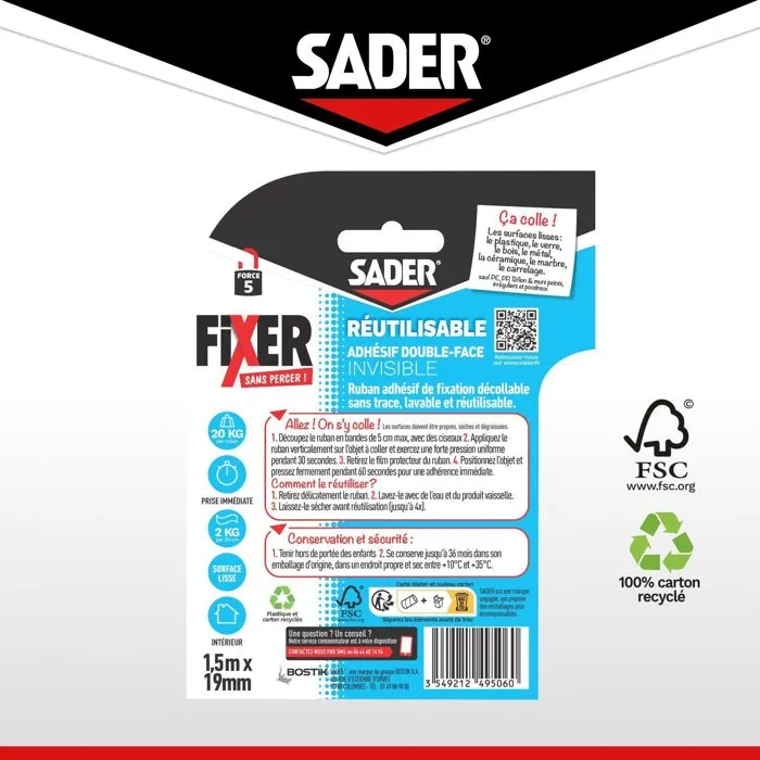 Sader Adhésif Double Face Extra, Transparent et Réutilisable, Invisible, Fixation sans Percer, Résistant à l'Eau et aux UV, 1.5 m x 19 mm Sader Adhésif Double Face Extra, Transparent et Réutilisable, Invisible, Fixation sans Percer, Résistant à l'Eau et aux UV, 1.5 m x 19 mm