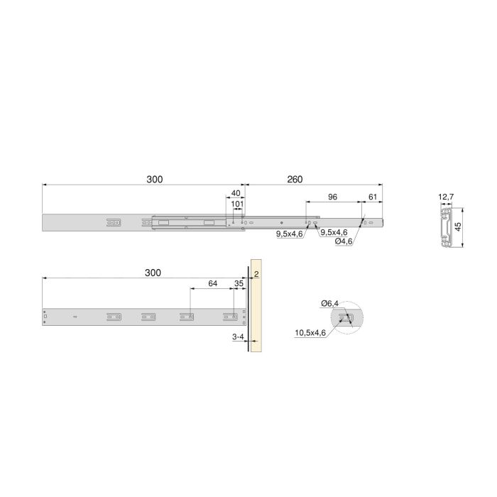 Emuca Lot de 5 jeux de coulisses pour tiroirs, roulement à billes, hauteur 45mm, profondeur 300mm, à sortie totale, avec push, fermeture amortie, zingué 4