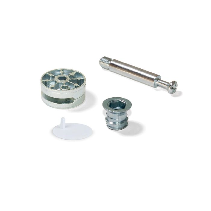 Emuca Lot de 10 excentriques diamètre 35mm avec boulon M8 et écrou avec capuchon en plastique blanc, pour panneau de 20mm, Zamak et Acier 1