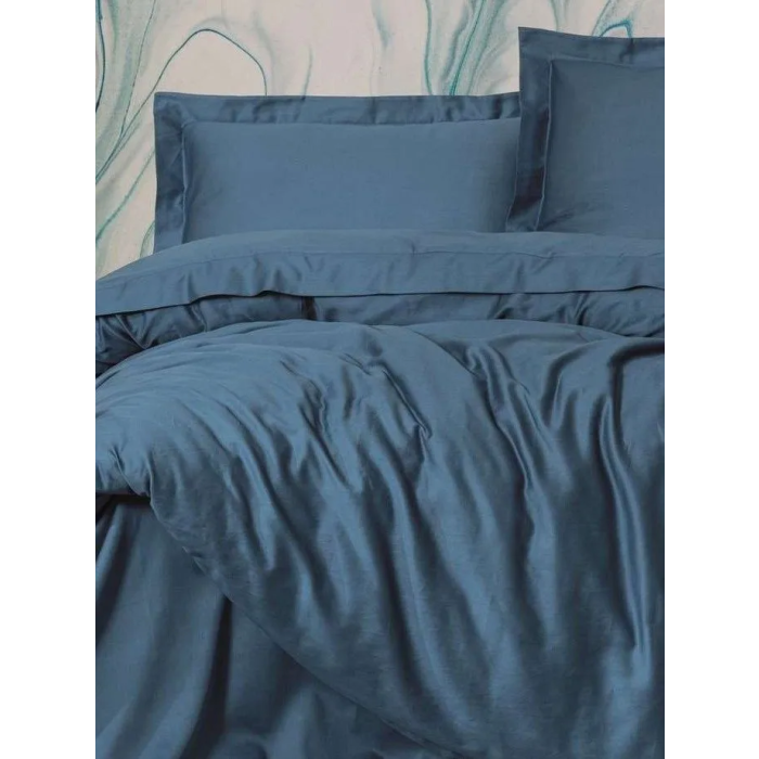 Parure de lit 1 personne Ranforce, housse de couette 140x200 cm + taies d'oreiller 60x60 cm en satin de coton 100%, bleu