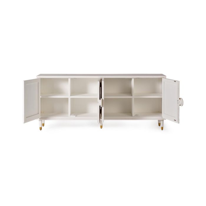 GINER Y COLOMER Buffet en Mango avec 4 Portes Sculptées, Finition Blanc Lavé et Pieds Détail Bronze - 190 x 80 x 40 cm 2 GINER Y COLOMER Buffet en Mango avec 4 Portes Sculptées, Finition Blanc Lavé et Pieds Détail Bronze - 190 x 80 x 40 cm 2