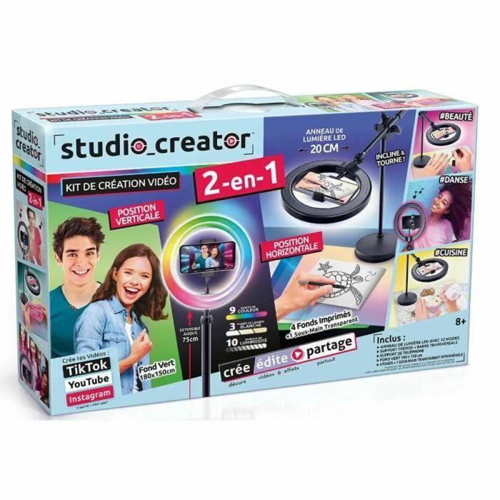 Canal Toys Studio Vidéo 2 en 1 avec Anneau Lumineux LED Multicolor, Support Double Fonction, Fond Vert XL Studio Creator INF027